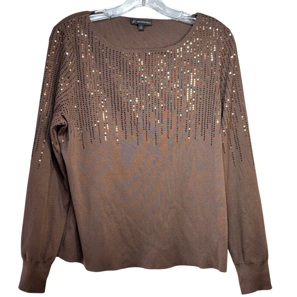 Adrianna Papell Pullover Sweater Women's XL L/S Brown Sequined Soft Knitwear